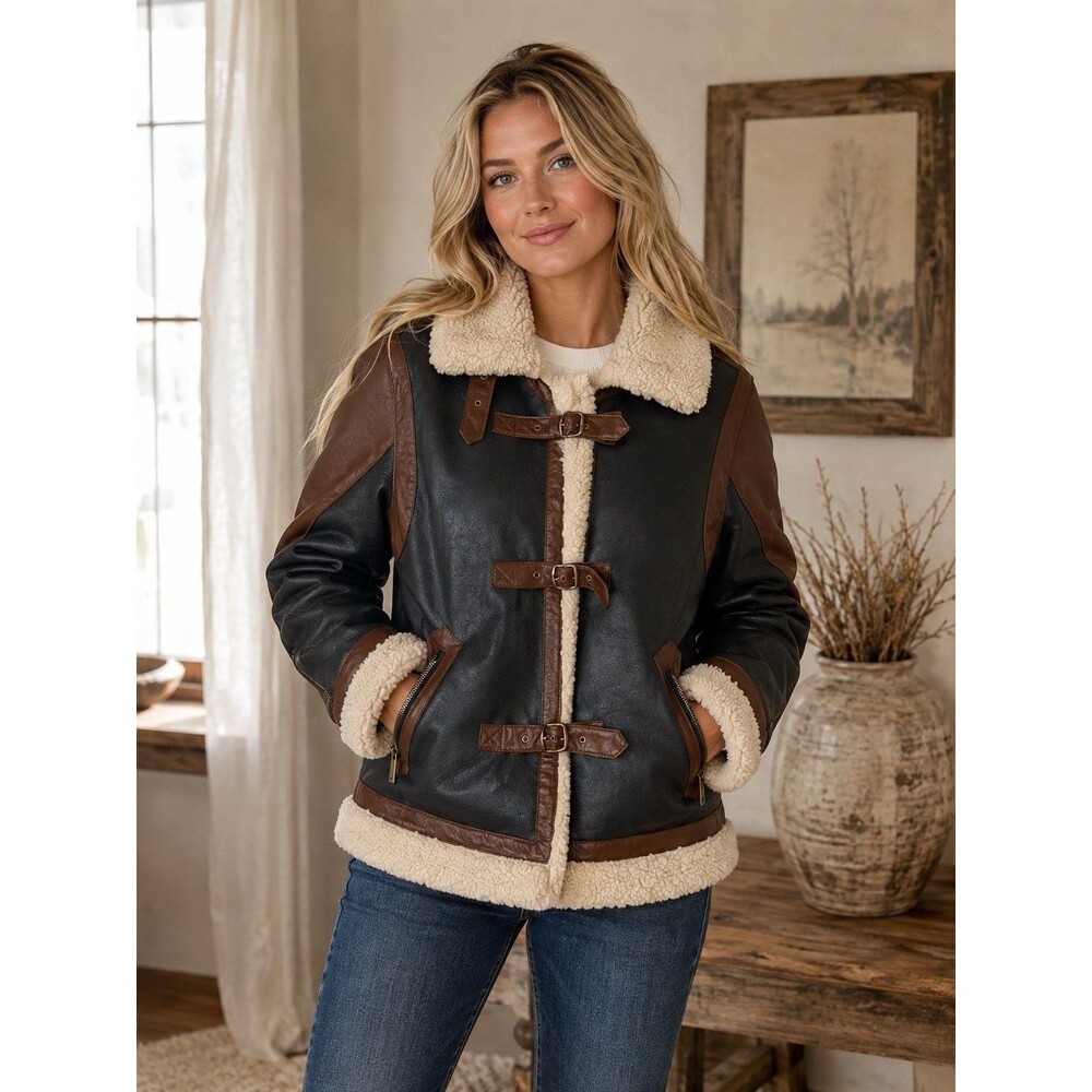 VTG Montanaco B-3 Bomber Jacket Faux Leather Sherpa Buckle Closure NWT Size S